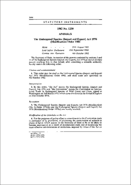 The Endangered Species (Import and Export) Act 1976 (Modification) Order 1982