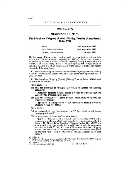 The Merchant Shipping (Radio) (Fishing Vessels) (Amendment) Rules 1982