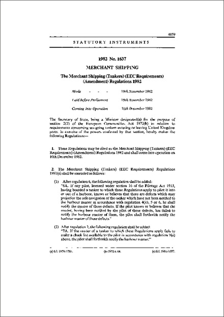 The Merchant Shipping (Tankers) (EEC Requirements) (Amendment) Regulations 1982
