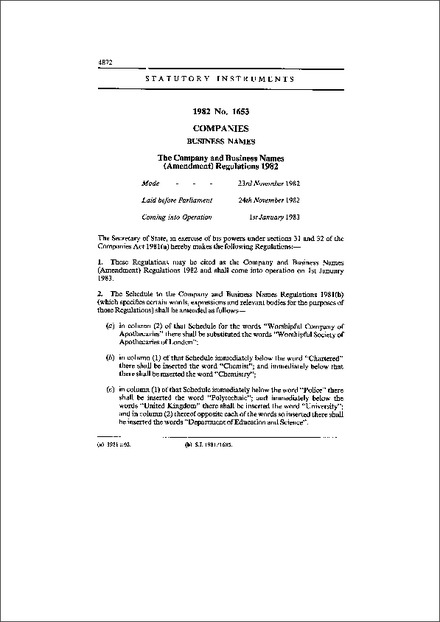 The Company and Business Names (Amendment) Regulations 1982