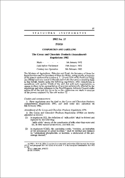The Cocoa and Chocolate Products (Amendment) Regulations 1982
