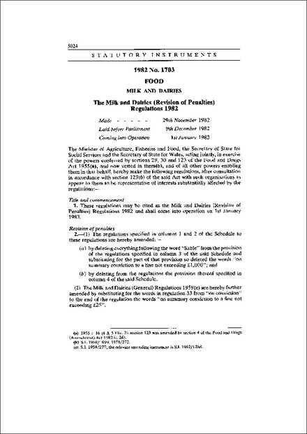 The Milk and Dairies (Revision of Penalties) Regulations 1982