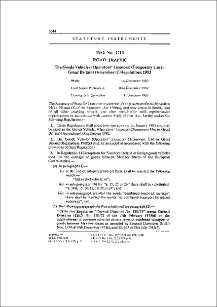 The Goods Vehicles (Operators' Licences) (Temporary Use in Great Britain) (Amendment) Regulations 1982