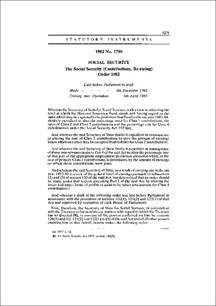 The Social Security (Contributions, Re-rating) Order 1982