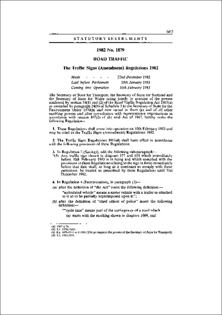 The Traffic Signs (Amendment) Regulations 1982