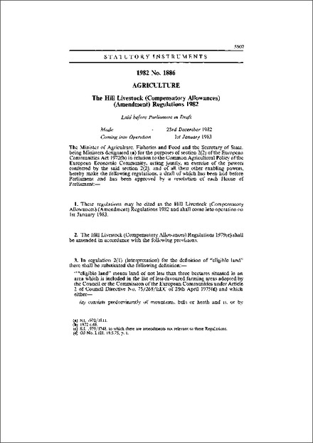 The Hill Livestock (Compensatory Allowances) (Amendment) Regulations 1982