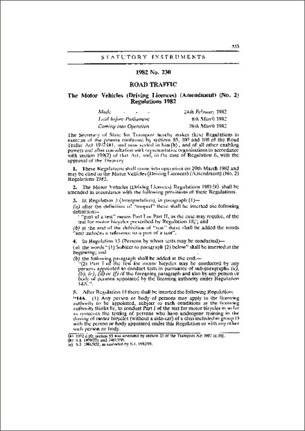 The Motor Vehicles (Driving Licences) (Amendment) (No. 2) Regulations 1982