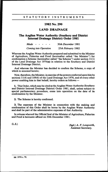 The Anglian Water Authority (Southery and District Internal Drainage District) Order 1981