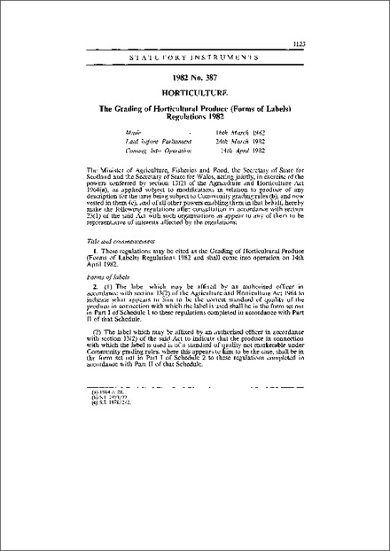 The Grading of Horticultural Produce (Forms of Labels) Regulations 1982