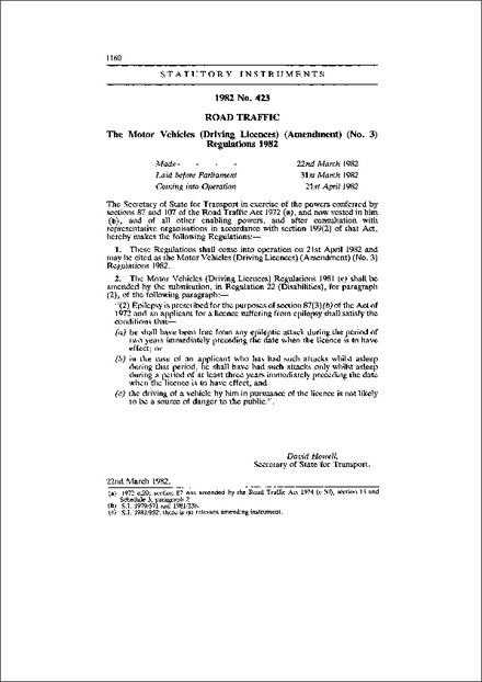 The Motor Vehicles (Driving Licences) (Amendment) (No. 3) Regulations 1982