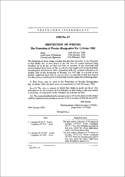 The Protection of Wrecks (Designation No. 1) Order 1982