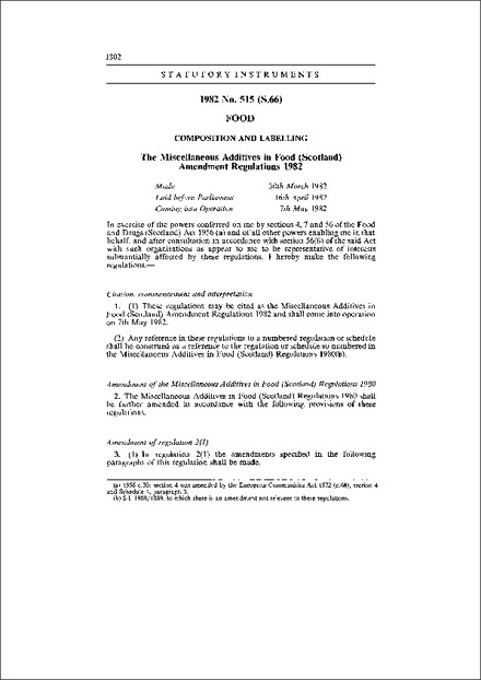 The Miscellaneous Additives in Food (Scotland) Amendment Regulations 1982