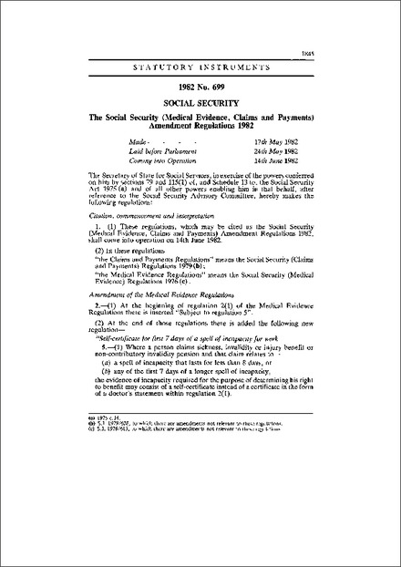 The Social Security (Medical Evidence, Claims and Payments) Amendment Regulations 1982