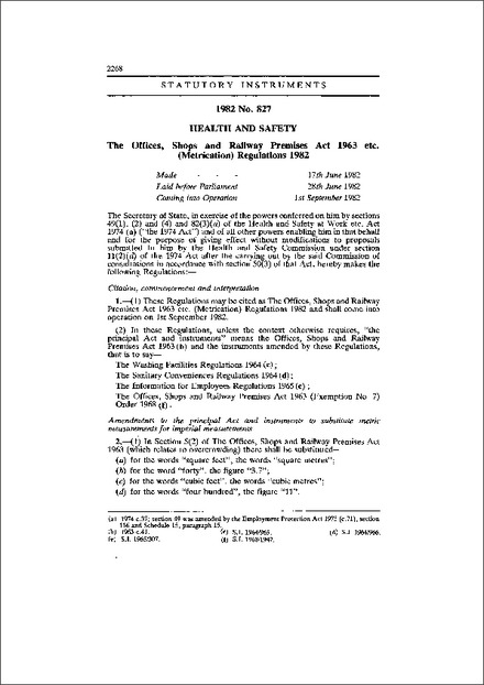 The Offices, Shops and Railway Premises Act 1963 etc. (Metrication) Regulations 1982