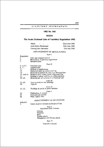 The Seeds (National Lists of Varieties) Regulations 1982