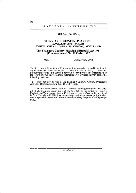 The Town and Country Planning (Minerals) Act 1981 (Commencement No. 1) Order 1982