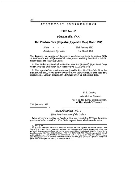 The Purchase Tax (Repeals) (Appointed Day) Order 1982