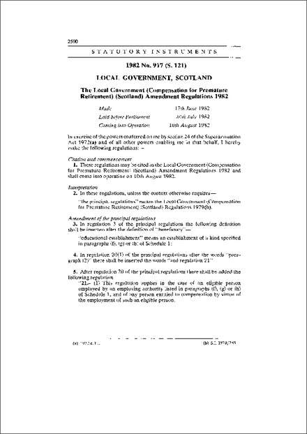 The Local Government (Compensation for Premature Retirement) (Scotland) Amendment Regulations 1982