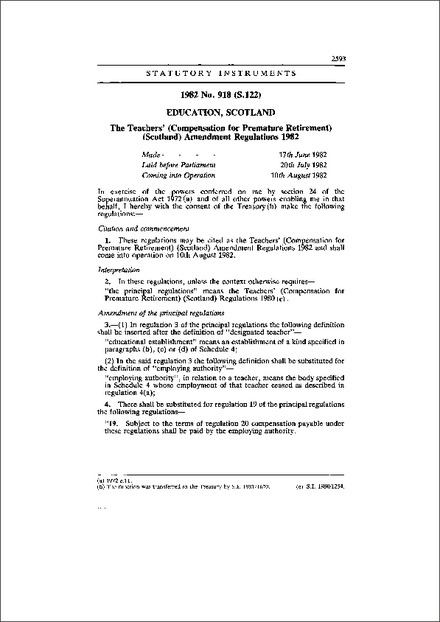The Teachers' (Compensation for Premature Retirement) (Scotland) Amendment Regulations 1982