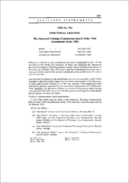 The Industrial Training (Construction Board) Order 1964 (Amendment) Order 1982