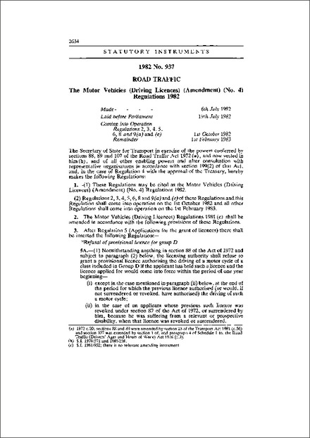 The Motor Vehicles (Driving Licences) (Amendment) (No. 4) Regulations 1982