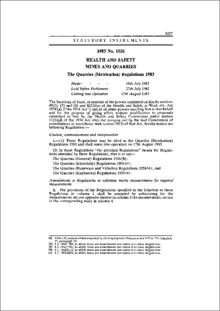 The Quarries (Metrication) Regulations 1983