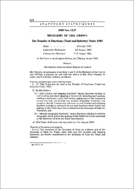 The Transfer of Functions (Trade and Industry) Order 1983