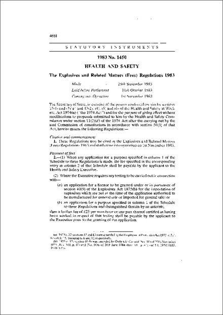The Explosives and Related Matters (Fees) Regulations 1983