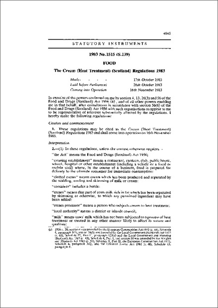 The Cream (Heat Treatment) (Scotland) Regulations 1983