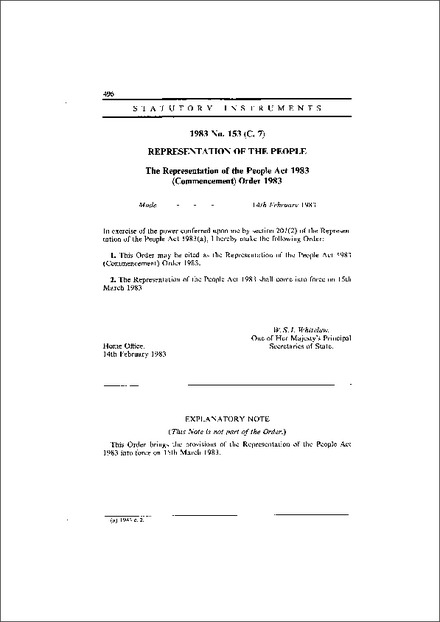 The Representation of the People Act 1983 (Commencement) Order 1983