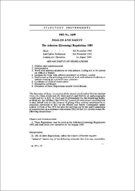 The Asbestos (Licensing) Regulations 1983