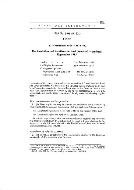 The Emulsifiers and Stabilisers in Food (Scotland) Amendment Regulations 1983