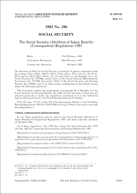 The Social Security (Abolition of Injury Benefit) (Consequential) Regulations 1983