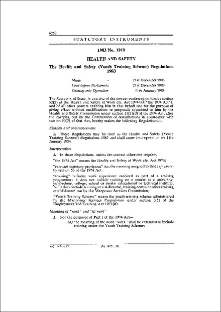 The Health and Safety (Youth Training Scheme) Regulations 1983