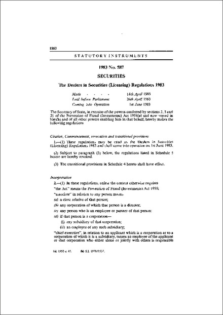 The Dealers in Securities (Licensing) Regulations 1983