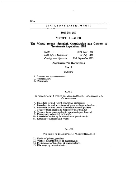The Mental Health (Hospital, Guardianship and Consent to Treatment) Regulations 1983