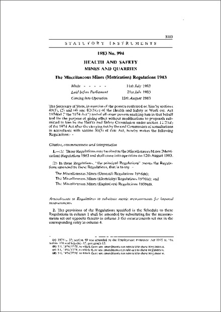 The Miscellaneous Mines (Metrication) Regulations 1983
