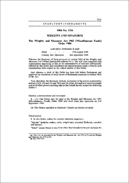 The Weights and Measures Act 1963 (Miscellaneous Foods) Order 1984