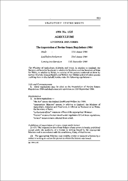The Importation of Bovine Semen Regulations 1984