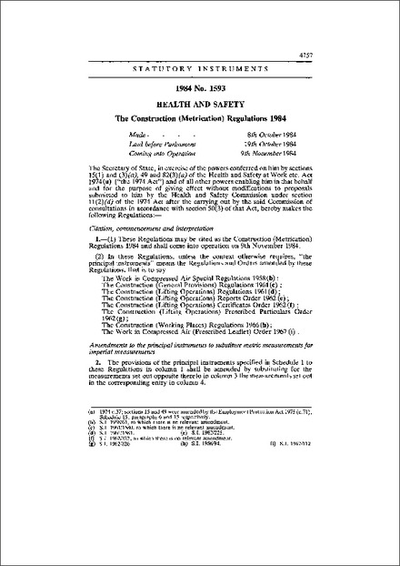 The Construction (Metrication) Regulations 1984