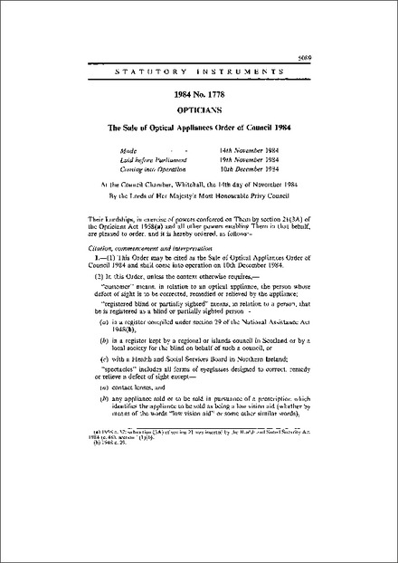 The Sale of Optical Appliances Order of Council 1984