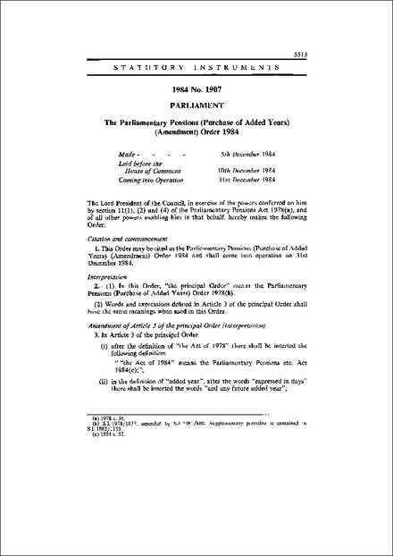 The Parliamentary Pensions (Purchase of Added Years) (Amendment) Order 1984