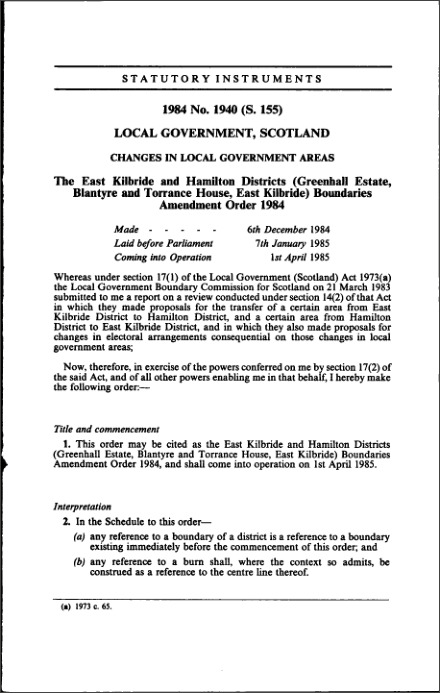 The East Kilbride and Hamilton Districts (Greenhall Estate, Blantyre and Torrance House, East Kilbride) Boundaries Amendment Order 1984