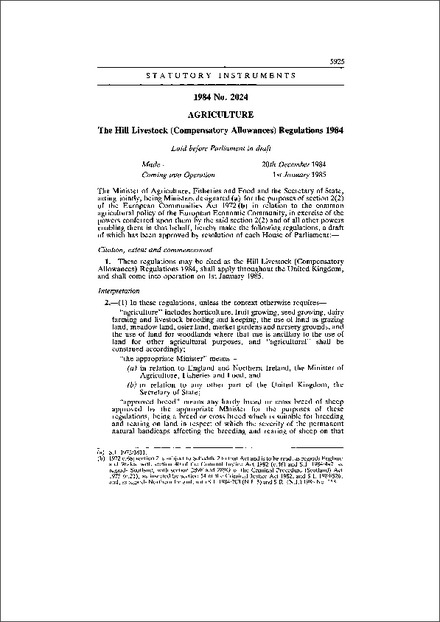 The Hill Livestock (Compensatory Allowances) Regulations 1984