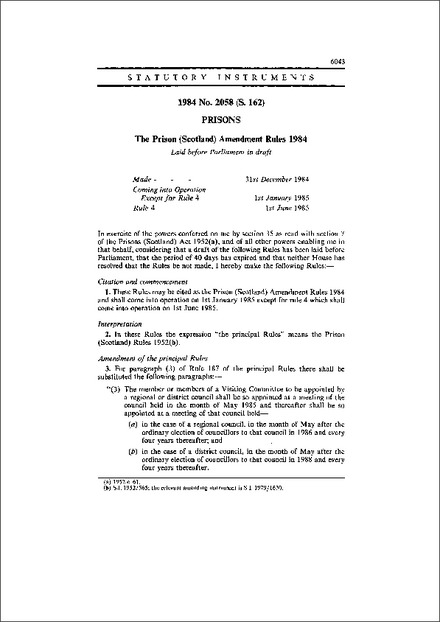 The Prison (Scotland) Amendment Rules 1984