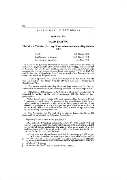 The Motor Vehicles (Driving Licences) (Amendment) Regulations 1984