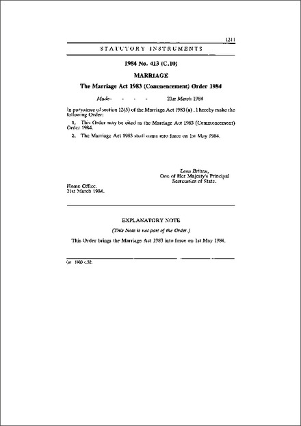 The Marriage Act 1983 (Commencement) Order 1984