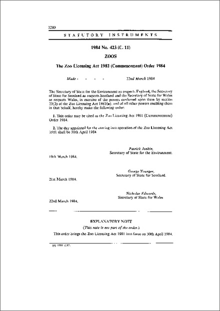 The Zoo Licensing Act 1981 (Commencement) Order 1984