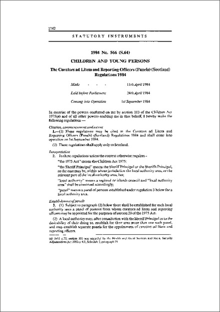 The Curators ad Litem and Reporting Officers (Panels) (Scotland) Regulations 1984