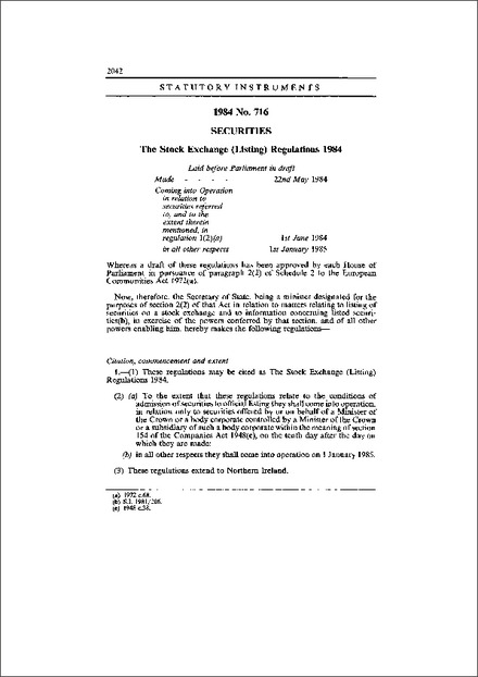 The Stock Exchange (Listing) Regulations 1984